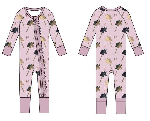 Horsin' Around in Prairie Pink Ruffle Convertible Zip Pajama