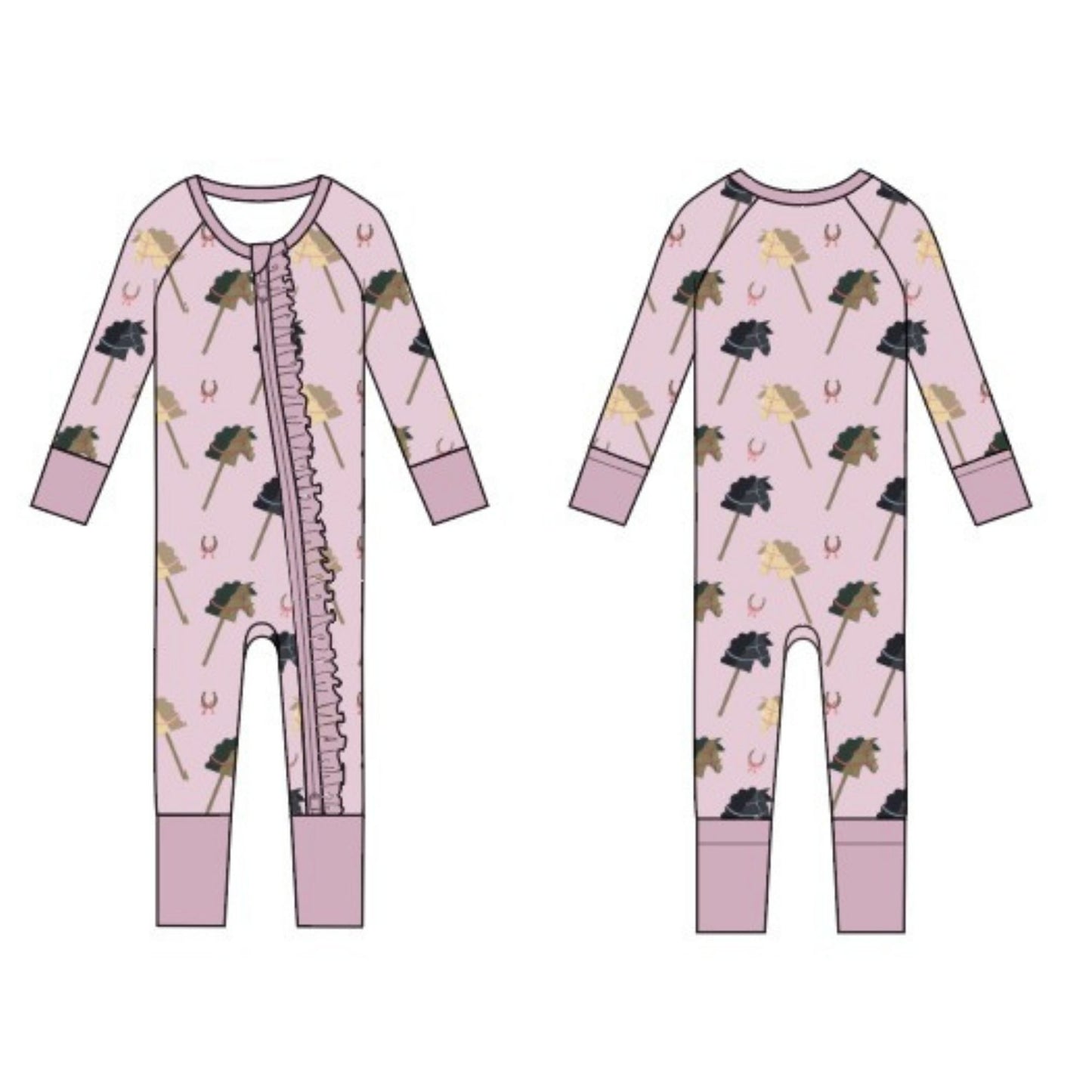 Horsin' Around in Prairie Pink Ruffle Convertible Zip Pajama