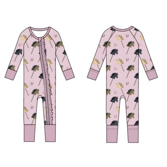Horsin' Around in Prairie Pink Ruffle Convertible Zip Pajama